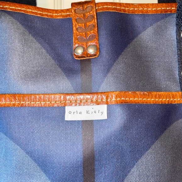 Orla Kiely Bags Orla Kiely Large Tote Blue Leaf Print Leather Trim